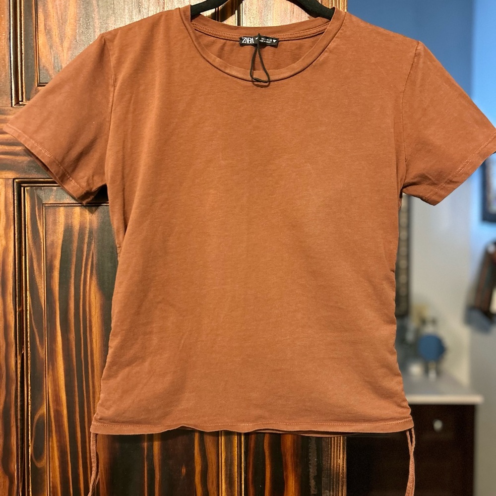 Zara Brown Short Sleeve Top with side cinch